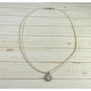 Vintage 925 Pearl Beaded Necklace CZ Round Pendant Dangle Gemstone Fine